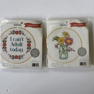 Dimensions Counted‎ Cross Stitch Lot of 2 Flower Mason Jar & I Can't Adult Today